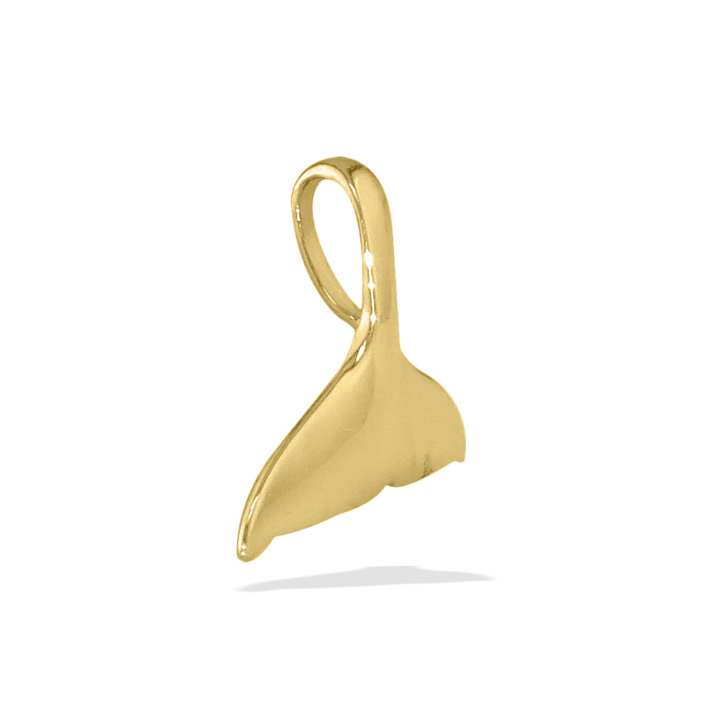 Side view of 14k yellow gold whale tail pendant highlighting the style of the hidden bail. Item No. 14913