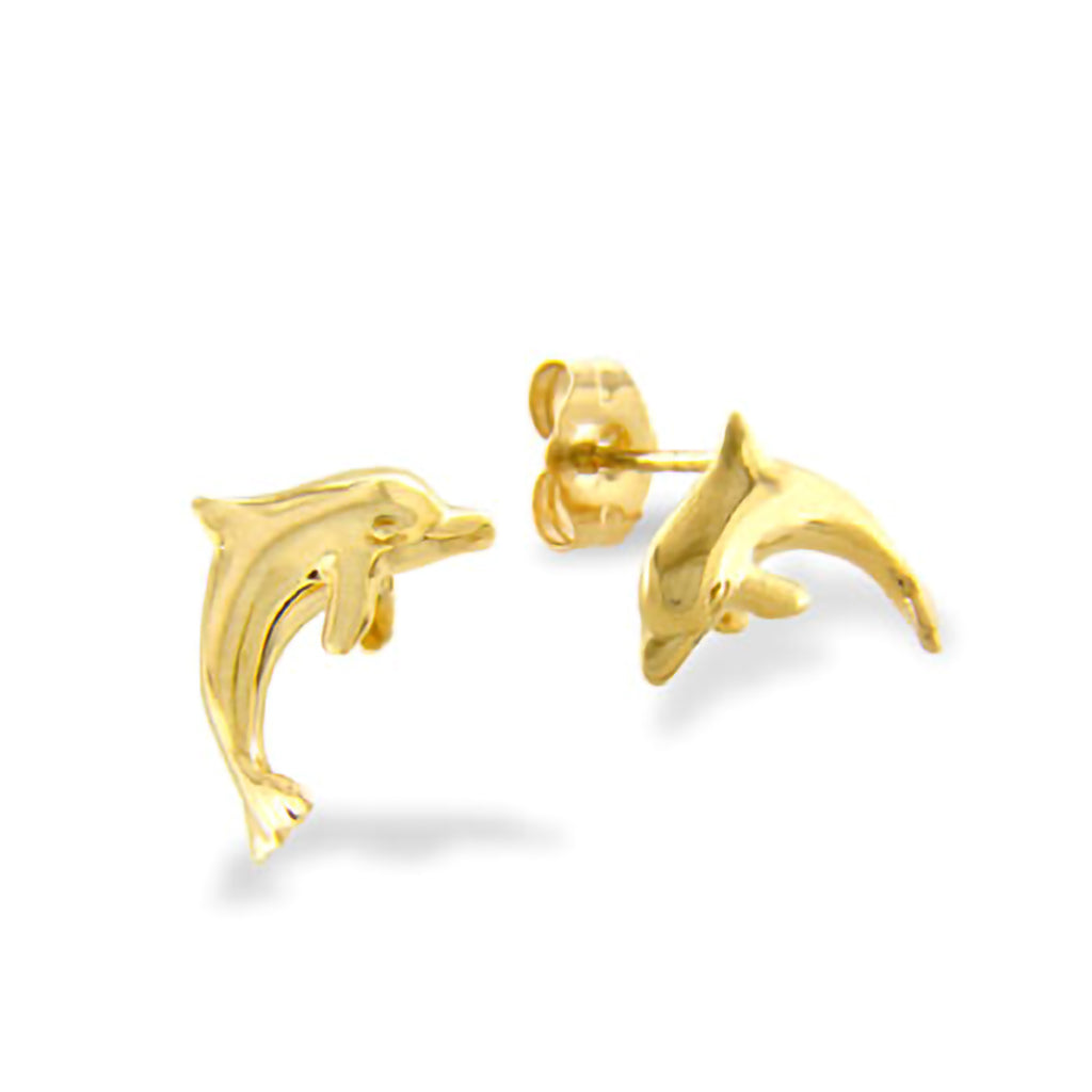 One 14K yellow gold dolphin stud earring shown with matching post and earnut and the other front facing. Item No. 14919