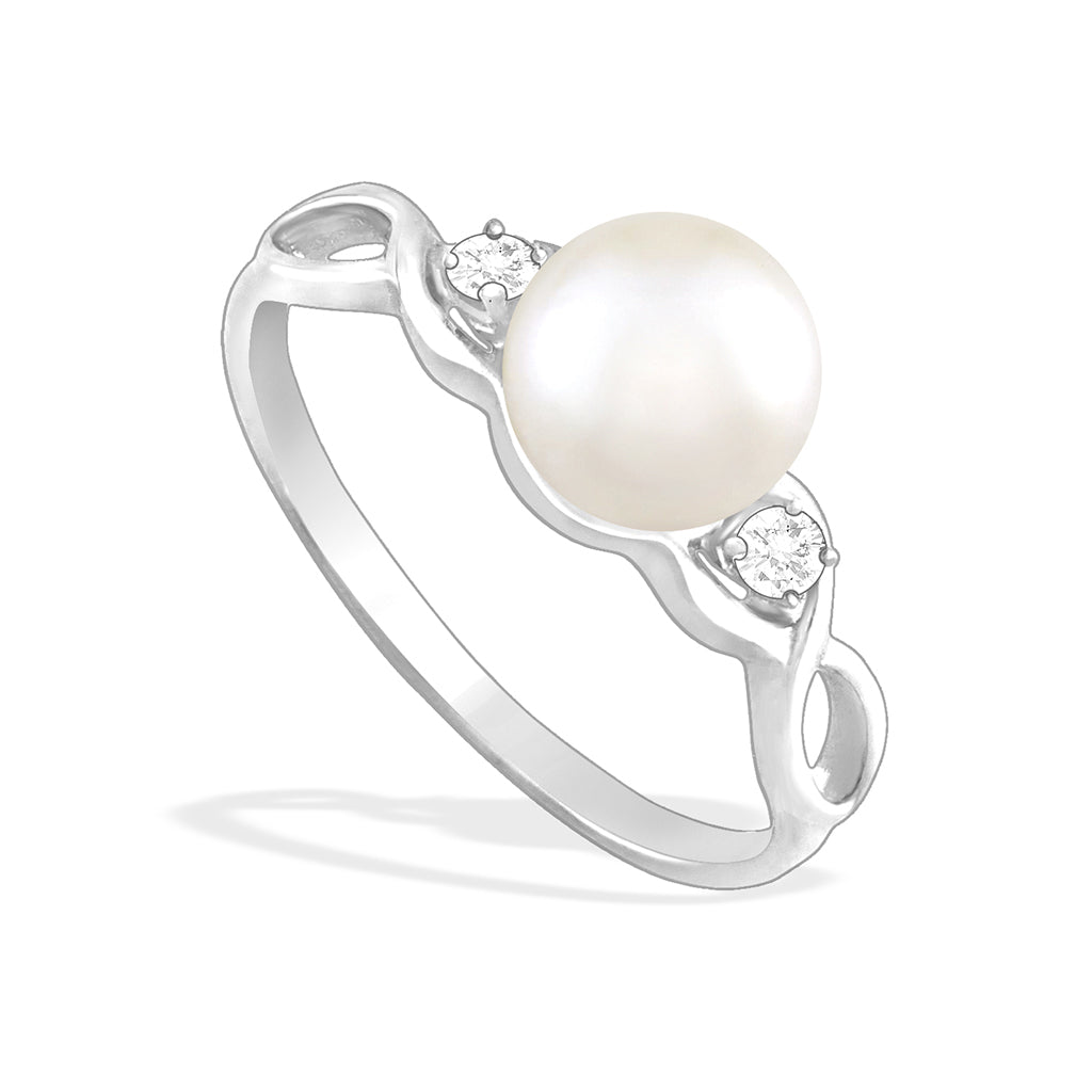 White gold infinity style ring with white akoya pearl center and diamond accents in a sleek open design. Item No. 17430