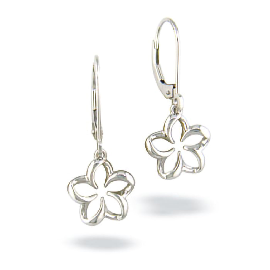 Plumeria-outlined leverback earrings made in white gold with right side tilted to show style of leverback. Item No. 18803