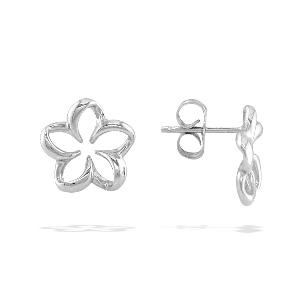 Plumeria outlined stud earrings in white gold with right side showcasing the earnut and post used. Item No. 18805