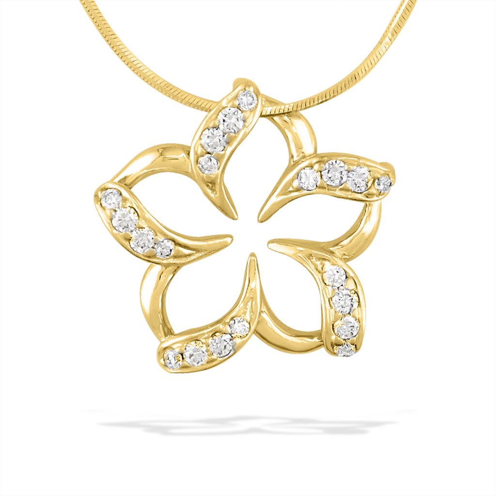 Gold plumeria shaped pendant with hollow center & smooth petals. Pavé-set diamonds on left side of each petal. Item No. 18839