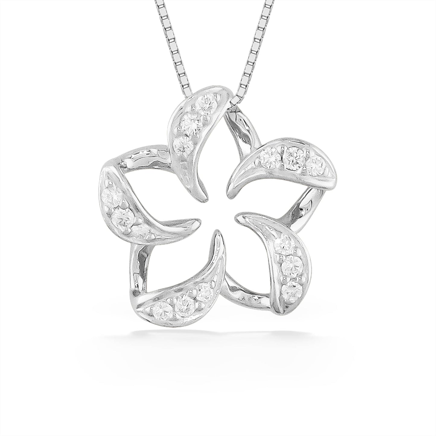 White gold plumeria pendant shaped as a floating flower outline with diamond accents, measuring 3/4" in width. Item No. 18850