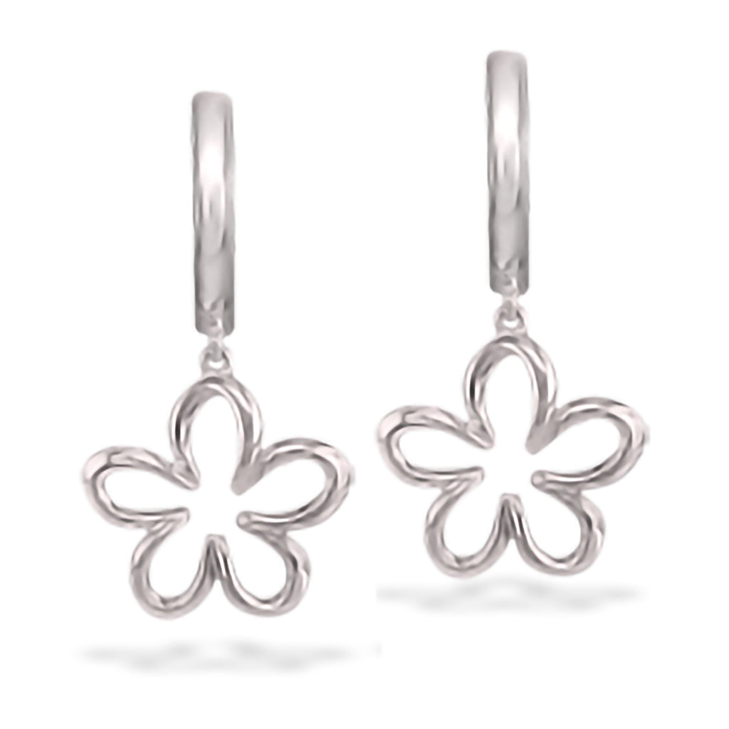 Sterling Silver floating plumeria hoop earrings with open petal Hawaiian flower design. Item No. 19078