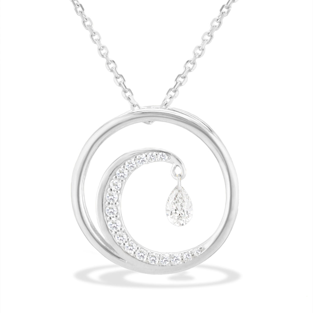 Classic 14k white gold pendant with diamond swirl and suspended pear-shaped diamond at center. Item No. 19112
