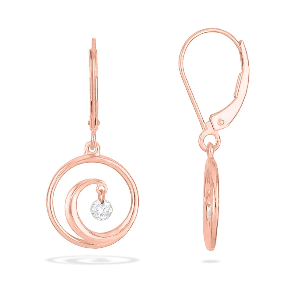 Rose gold wave leverbacks with spiral drop and round shimmer diamond dangle, shown from front and side views. Item No. 19147