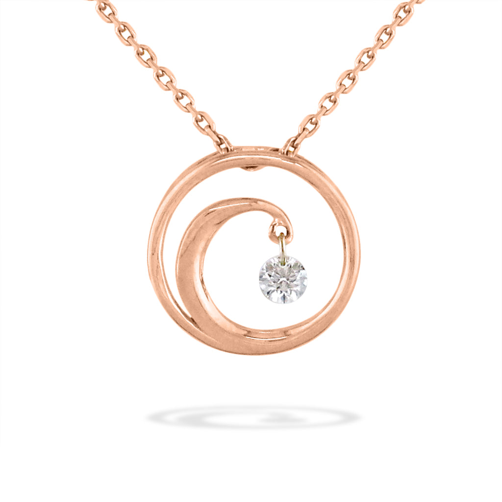 Rose gold wave pendant featuring a spiral design with a dangling round diamond on a delicate chain. Item No. 19148