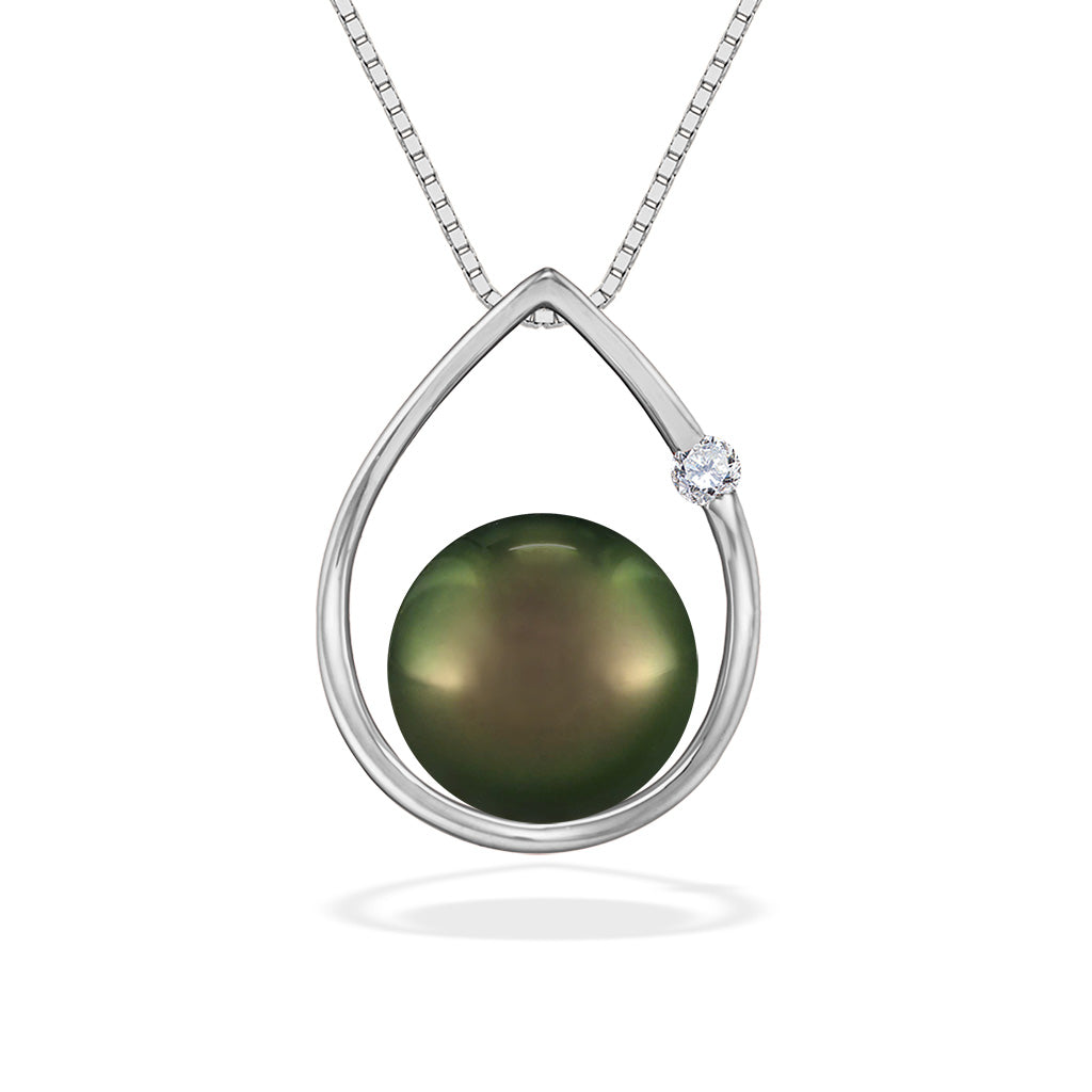 Elegant 14k white gold raindrop pendant with a 8.5-9mm tahitian pearl and single round diamond on box chain. Item No. 19153