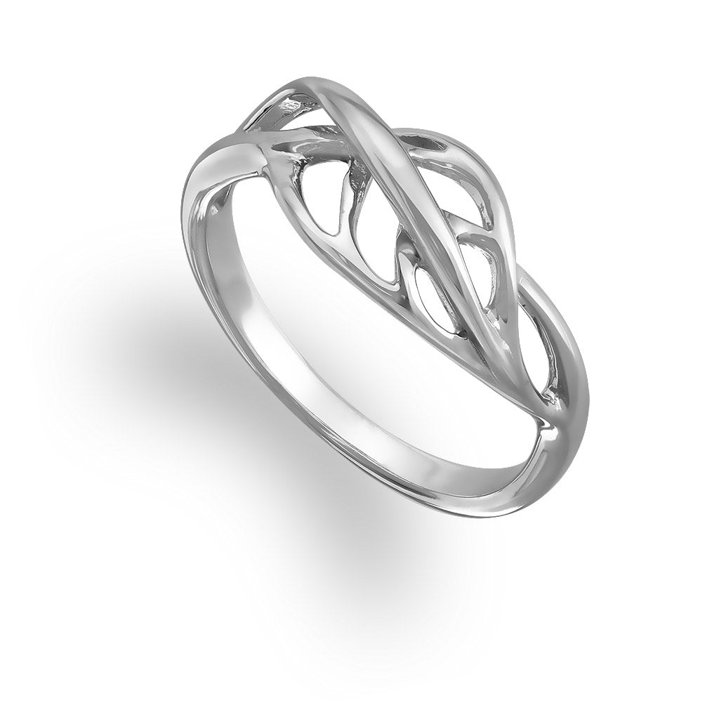 Polished white gold Maile leaf ring featuring sculpted openwork inspired by traditional Hawaiian lei motifs. Item No. 19194