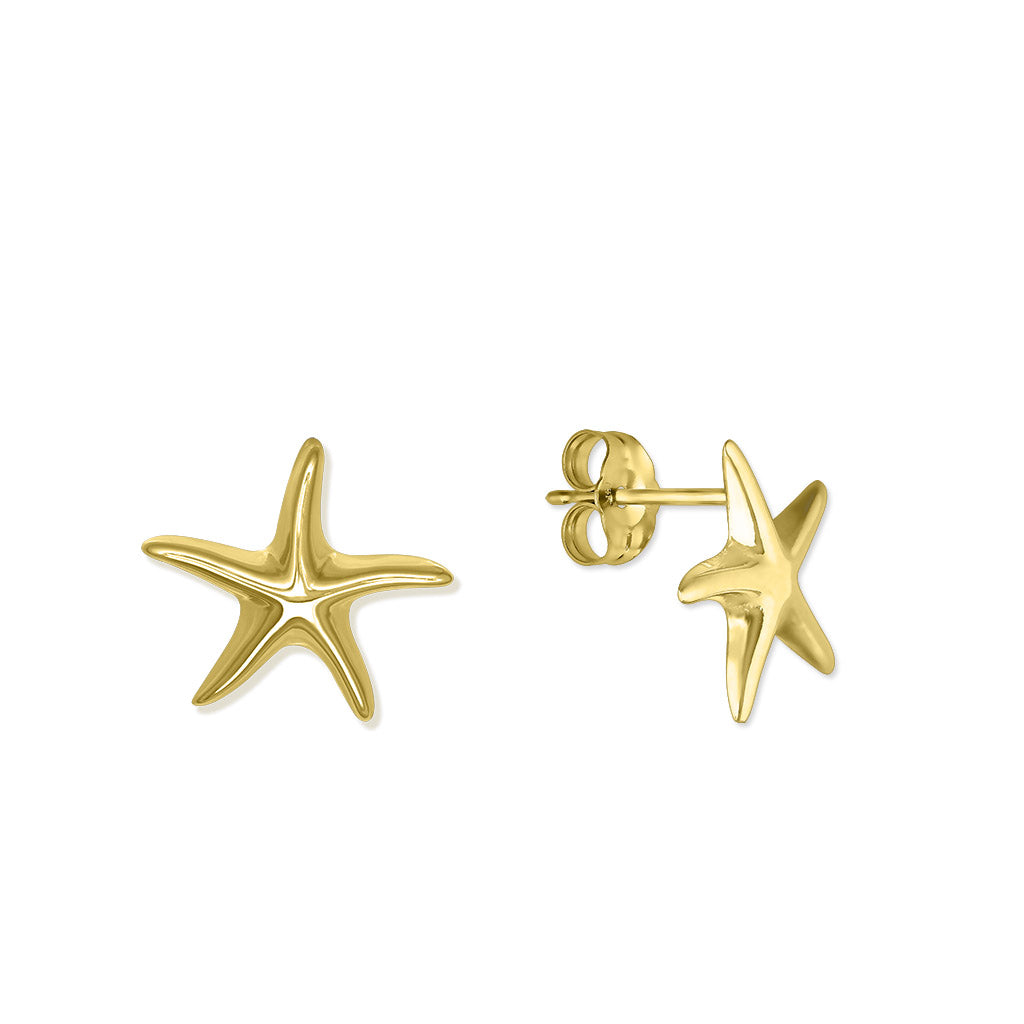 Polished 14k gold starfish stud earrings with secure backings, measuring about half an inch in length. Item No. 19204