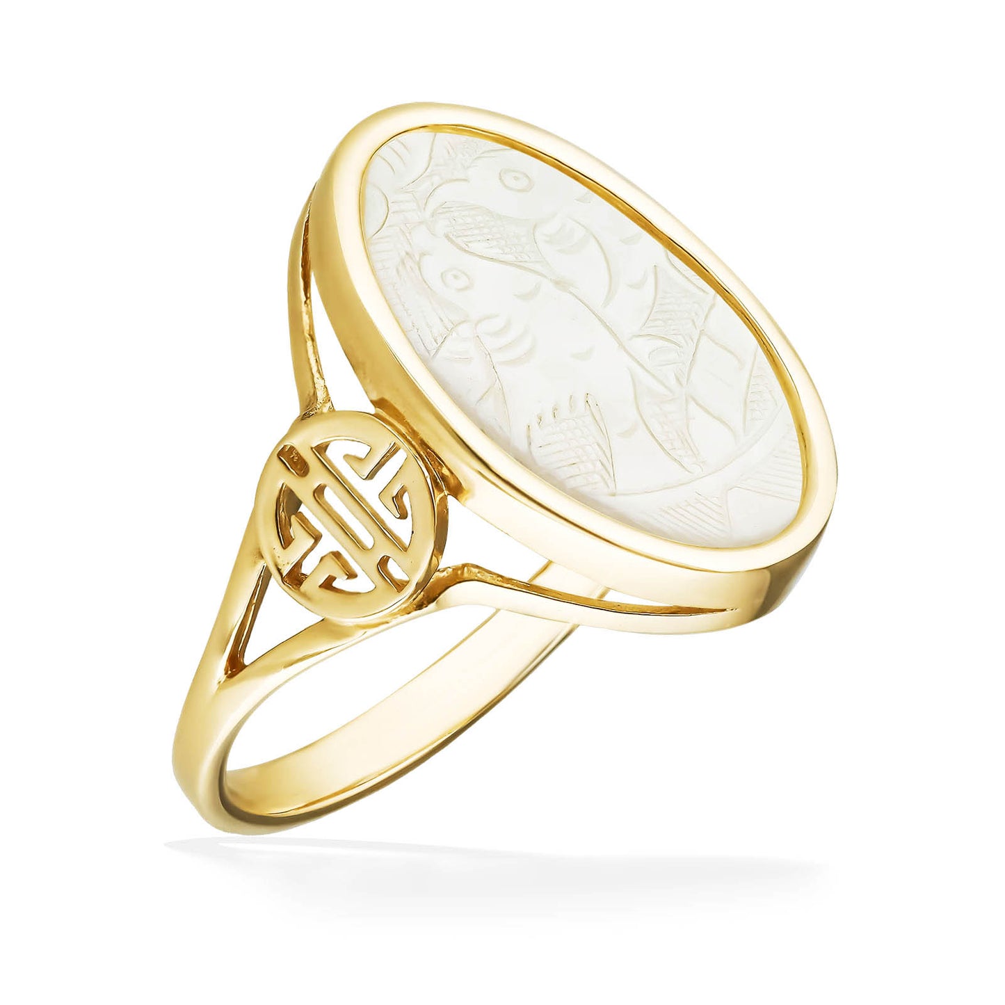 An oval carved gaming counter centerpiece crowns this gold ring, accented with symbolic detailing on the band. Item No. 19229