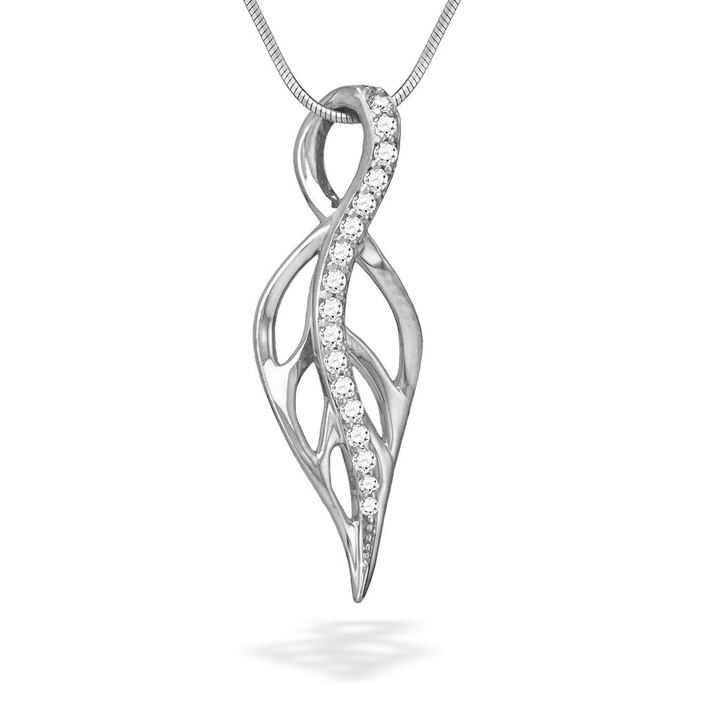 Maile pendant in 14k white gold with a sculpted leaf shape, accented by a twisting line of center diamonds. Item No. 19233