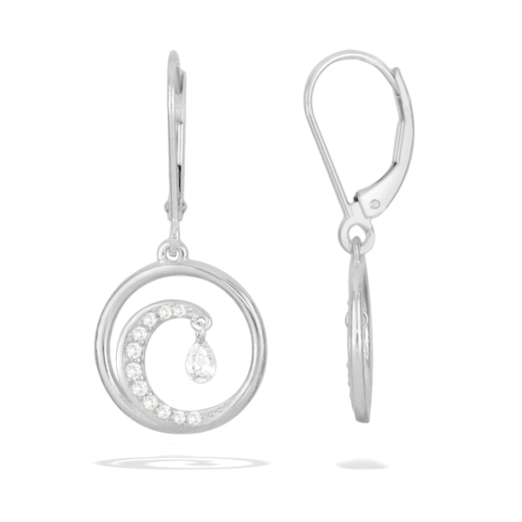 White gold leverbacks in the style of a wave with diamond accents & dangling pear shimmer center diamond. Item No. 19338