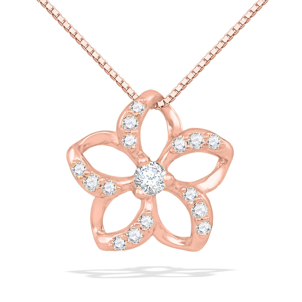 Diamond-lined open petal plumeria pendant featuring a center diamond set in 14k rose gold. Item No. 19345