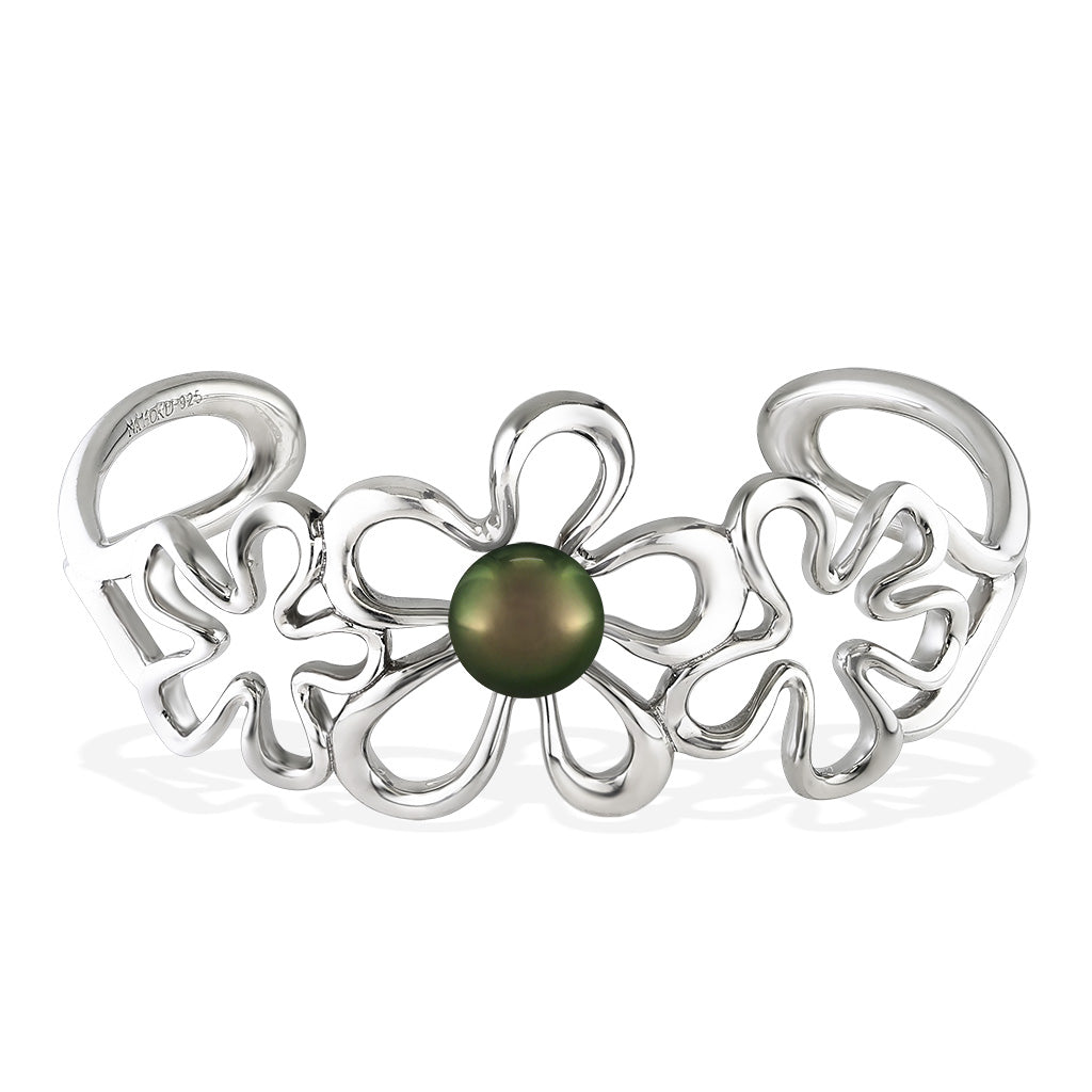 Sterling silver floating plumeria cuff bracelet with Tahitian pearl centerpiece in Hawaiian design. Item No. 19385