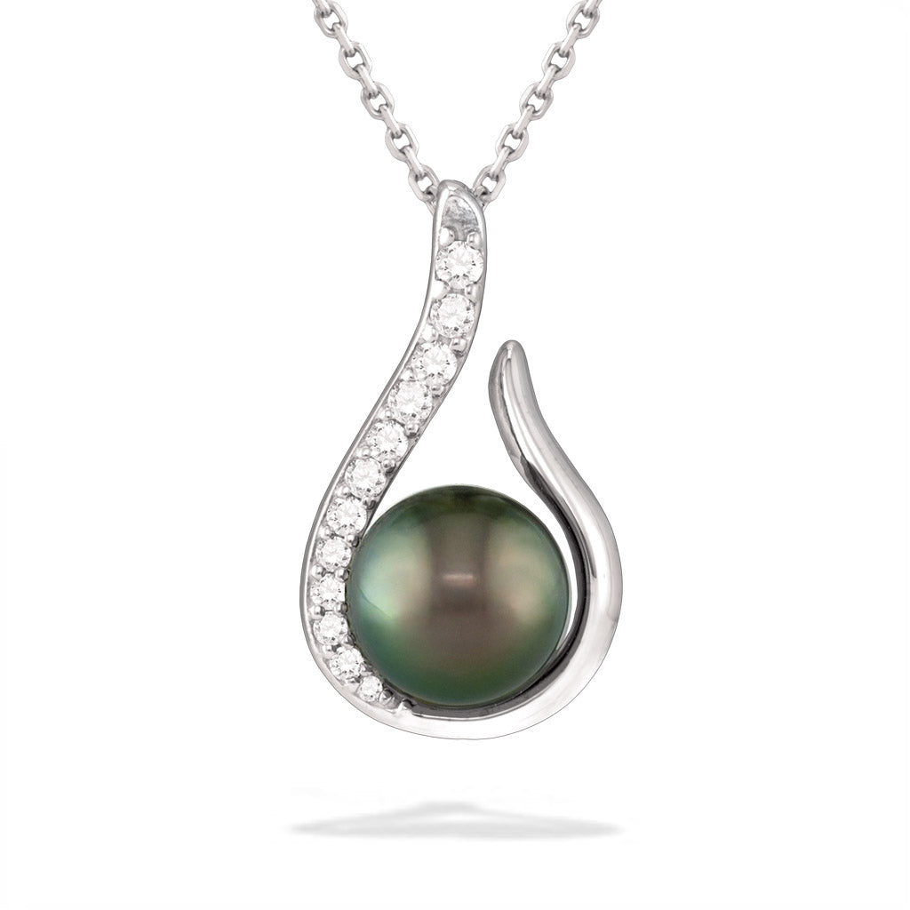 White gold pendant with a dark tahitian pearl, accented by a curve of brilliant pavé-set diamonds. Item No. 19404