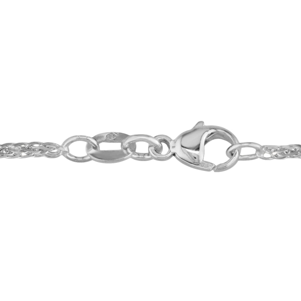 Close-up of polished 14k white gold lobster clasp on stationary lariat with maile leaf design & pearl drop. Item No. 19464