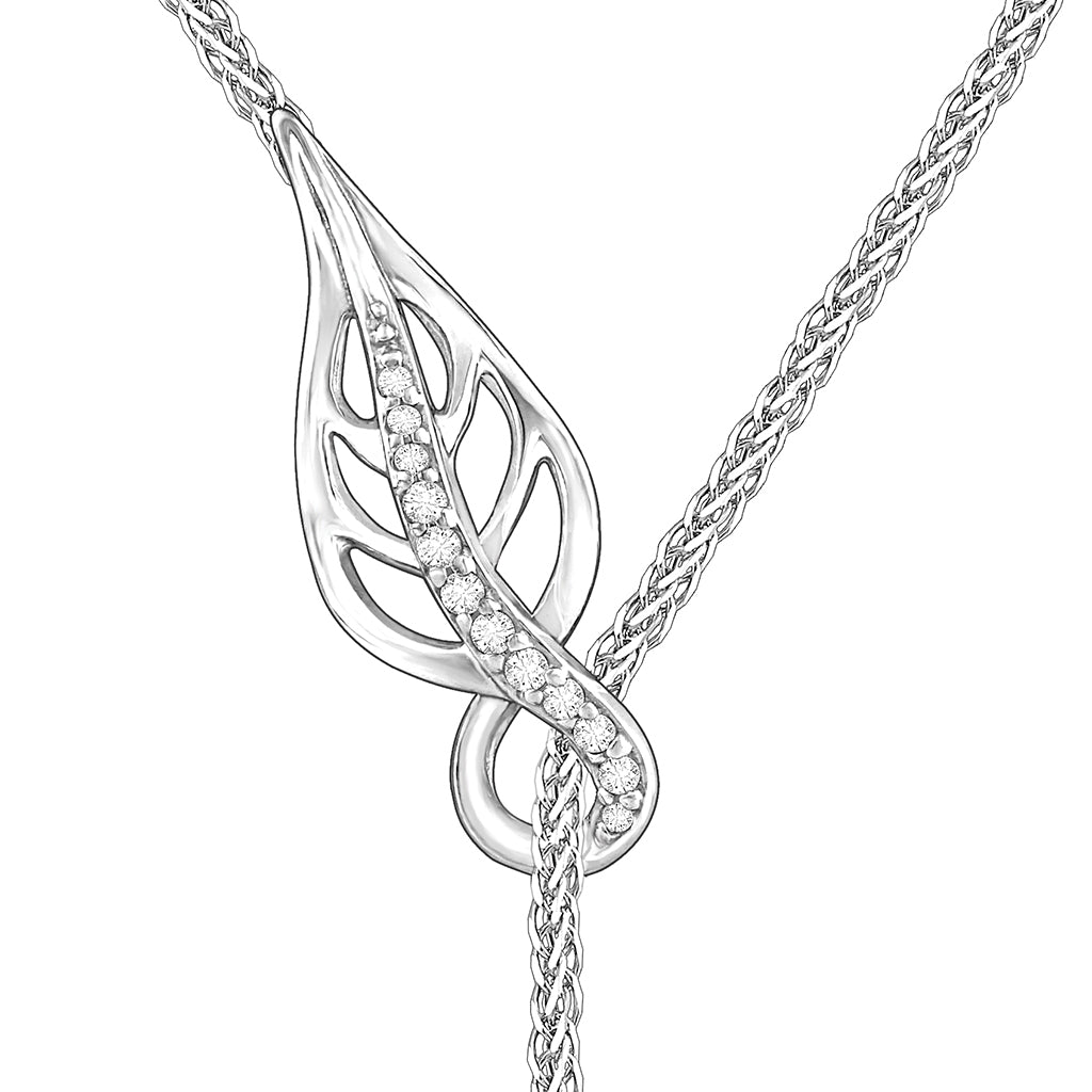 Zoomed in view of the 14k white gold maile leaf stationary motif with open leaf cutout & diamond-lined center. Item No. 19464