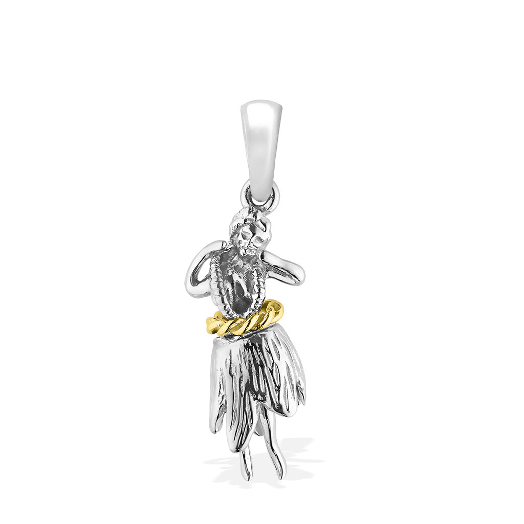 Motion two-tone hula girl charm pendant in sterling silver with a yellow gold skirt accent. Item No. 19547