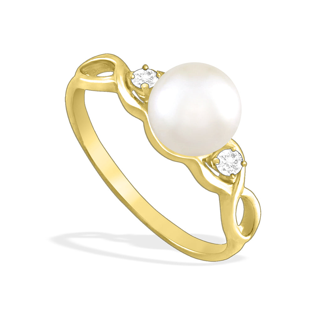 Yellow gold infinity style ring with white akoya pearl center and diamond accents along an openwork band. Item No. 17853