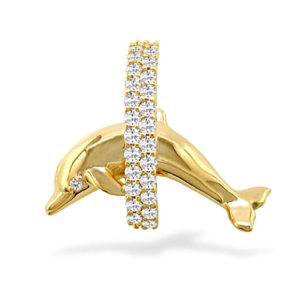 Large dolphin pendant mid jump through diamond hoop set in 14K yellow gold. Dolphin also has a diamond eye. Item No. 18641