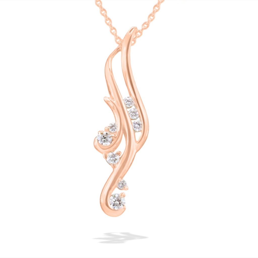 Blush-toned rose gold pendant adorned with twinkling diamonds in an elegant, swirling silhouette. Item No. 40533