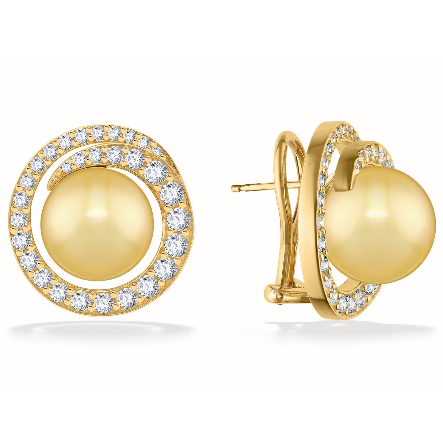 Yellow gold earrings with 11mm golden South Sea pearls within diamond accented waves, and omega backings. Item No. 41911