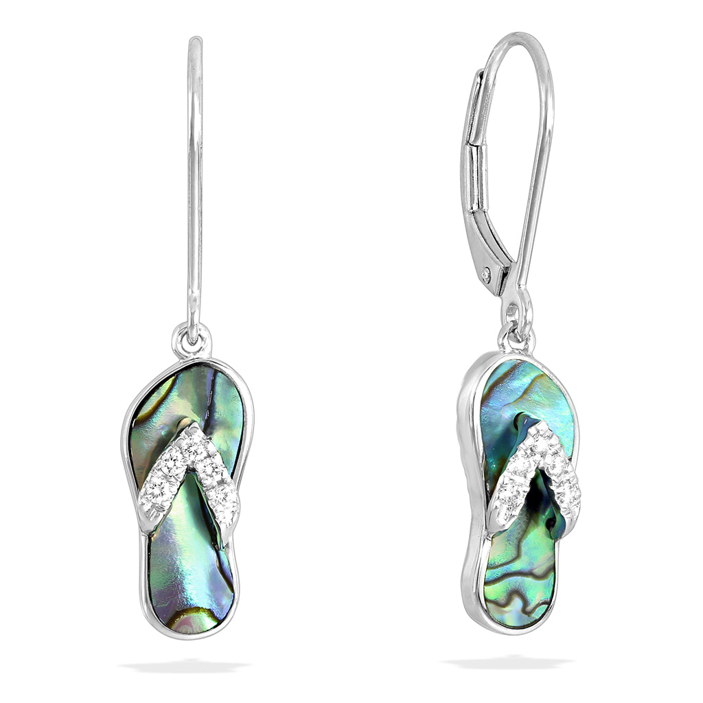Slipper earrings with abalone inlay & diamond-accented straps set in 14k white gold, with leverback hooks. Item No. 41560