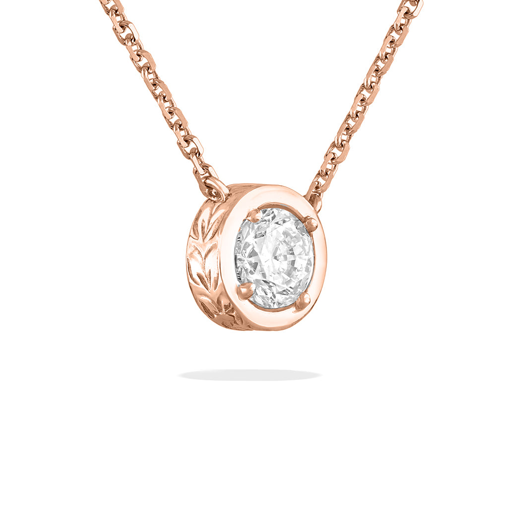 Maile scroll engraved 14k rose gold pendant showcasing a 0.50CT diamond centerpiece on a fine matching chain. Item No. 41955