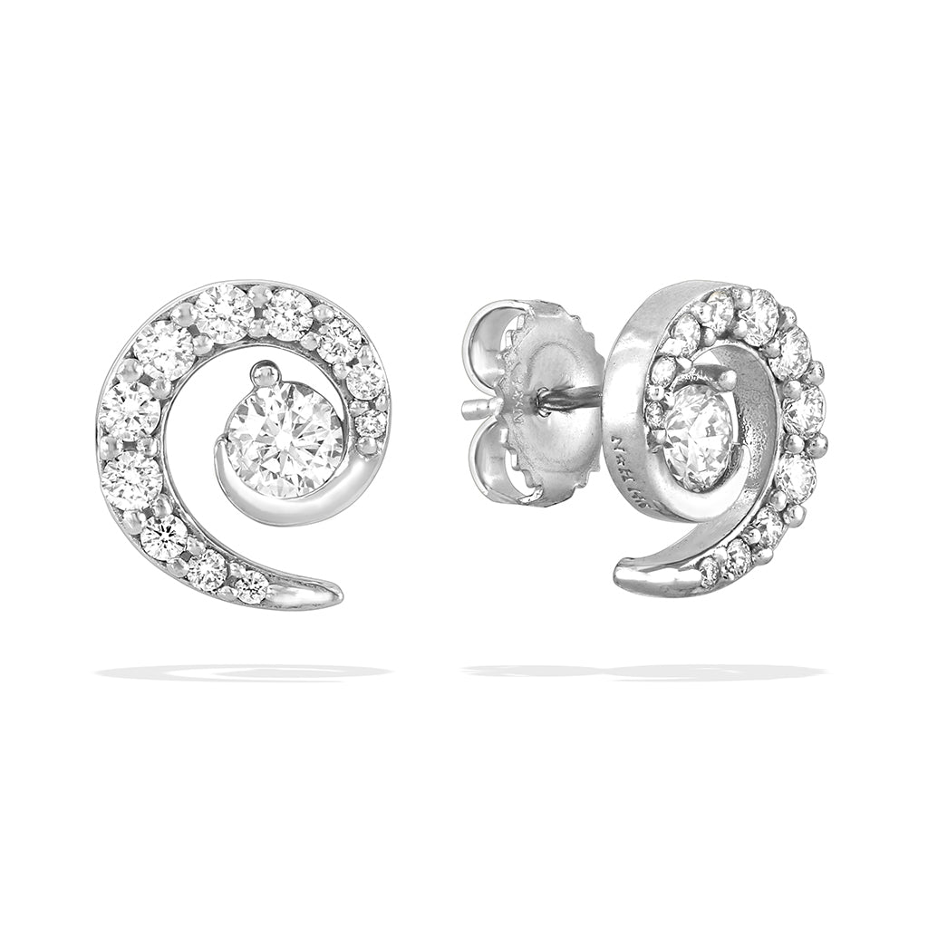 White gold wave stud earrings with center & pavé-set diamonds; one side front-facing, the other shows backing. Item No. 43097