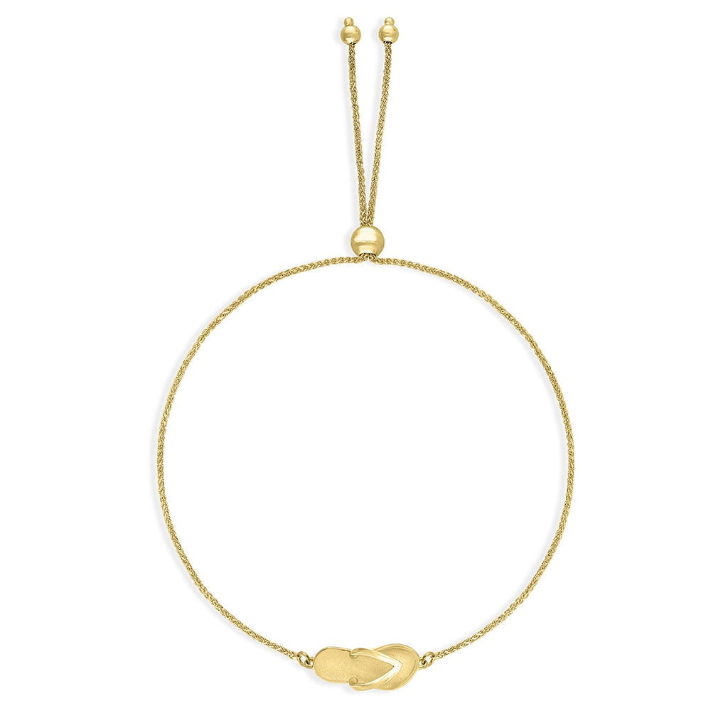 Adjustable yellow gold flip-flop bolo bracelet on a fine chain with sliding bead closure. Item No. 41961