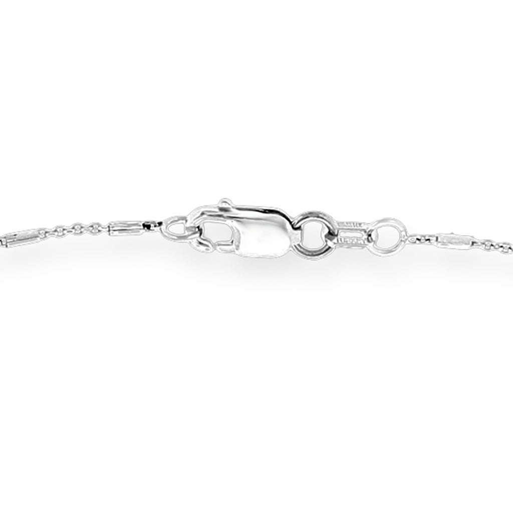 Detailed clasp view of white gold pearl necklace showing secure fastening and fine chain construction. Item No. 41968