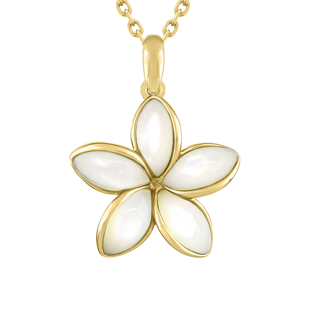 Plumeria pendant with white mother of pearl inlay petals set in 14K yellow gold with yellow gold bail. Item No. 41937