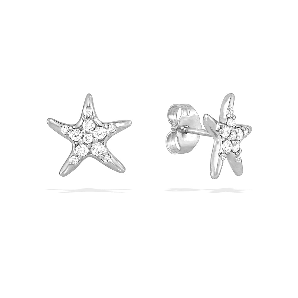 Starfish stud earrings with pavé-set diamonds in polished 14k white gold, shown with white gold post & earnut. Item No. 41814
