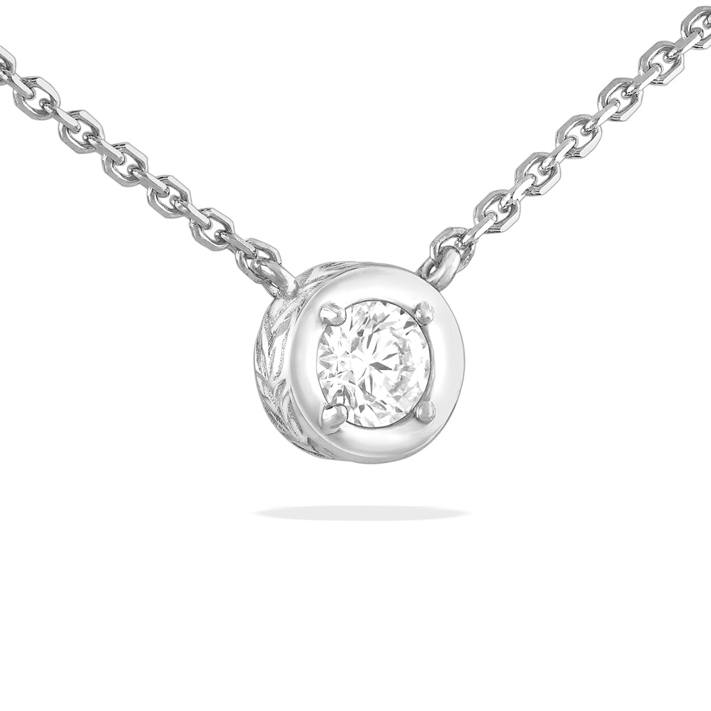 Framed in 14K white gold, this maile scroll pendant highlights a 1/4 carat SI2 diamond solitaire. Item No. 43091