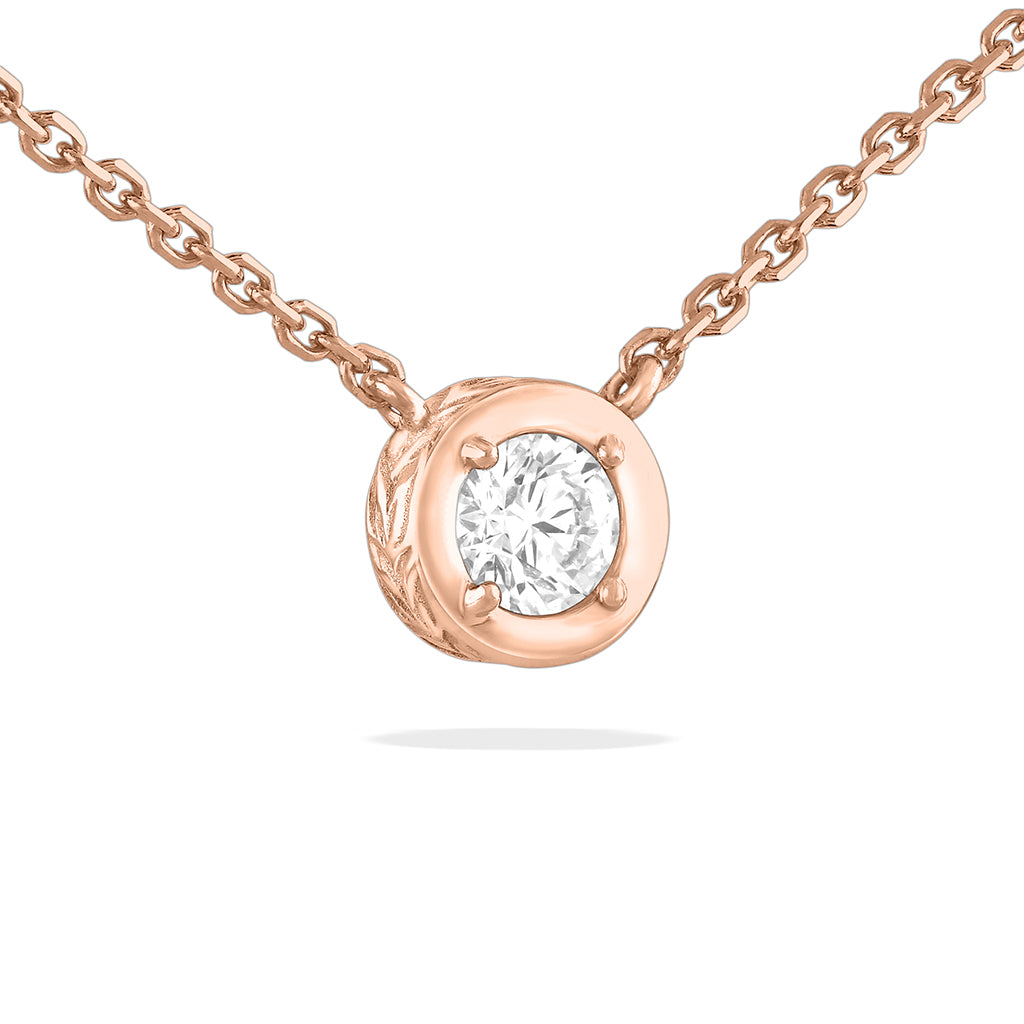 Warm 14K rose gold surrounds a 1/4 carat SI2 diamond in this engraved maile scroll necklace, 17 inches. Item No. 43092