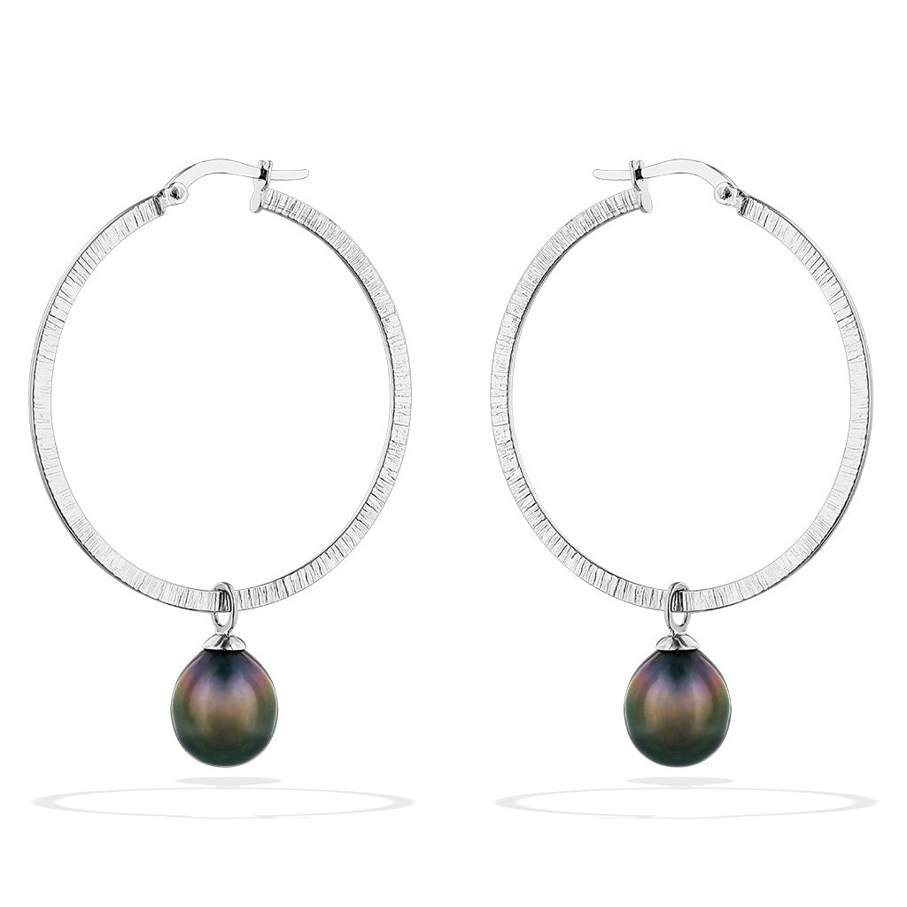 Textured 40mm hoop earrings made in 14k white gold with a dangling 9mm tahitian pearl. Item No. 41476