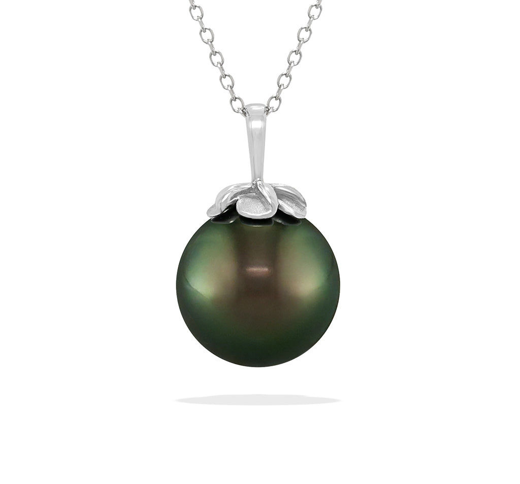 Tahitian pearl pendant with a 14k white gold plumeria cap on a delicate white gold chain. Item No. 41711