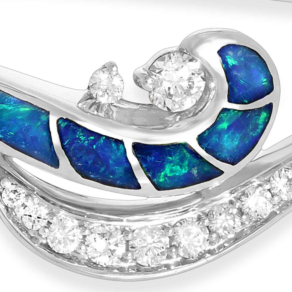 Zoomed in view of the waterfall design, focusing on the opal inlay and diamond setting of the bangle bracelet. Item No. 41533