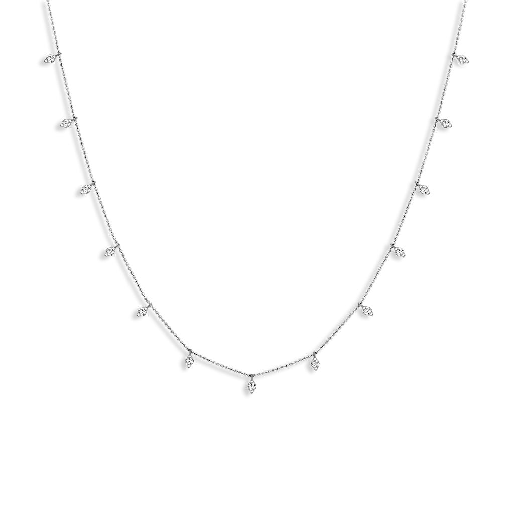 Fine white gold station necklace with shimmering dangling rhombi-shaped diamond accents. Item No. 770090