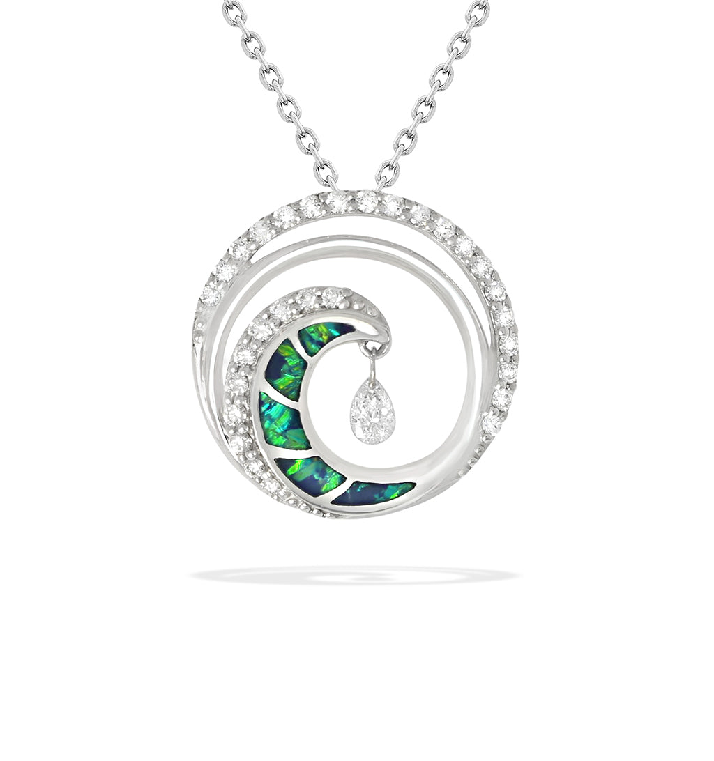 Ultimate wave pendant set in 14K gold with opal inlay, diamonds, and a pear shaped-shimmer in the center. Item No. 41687