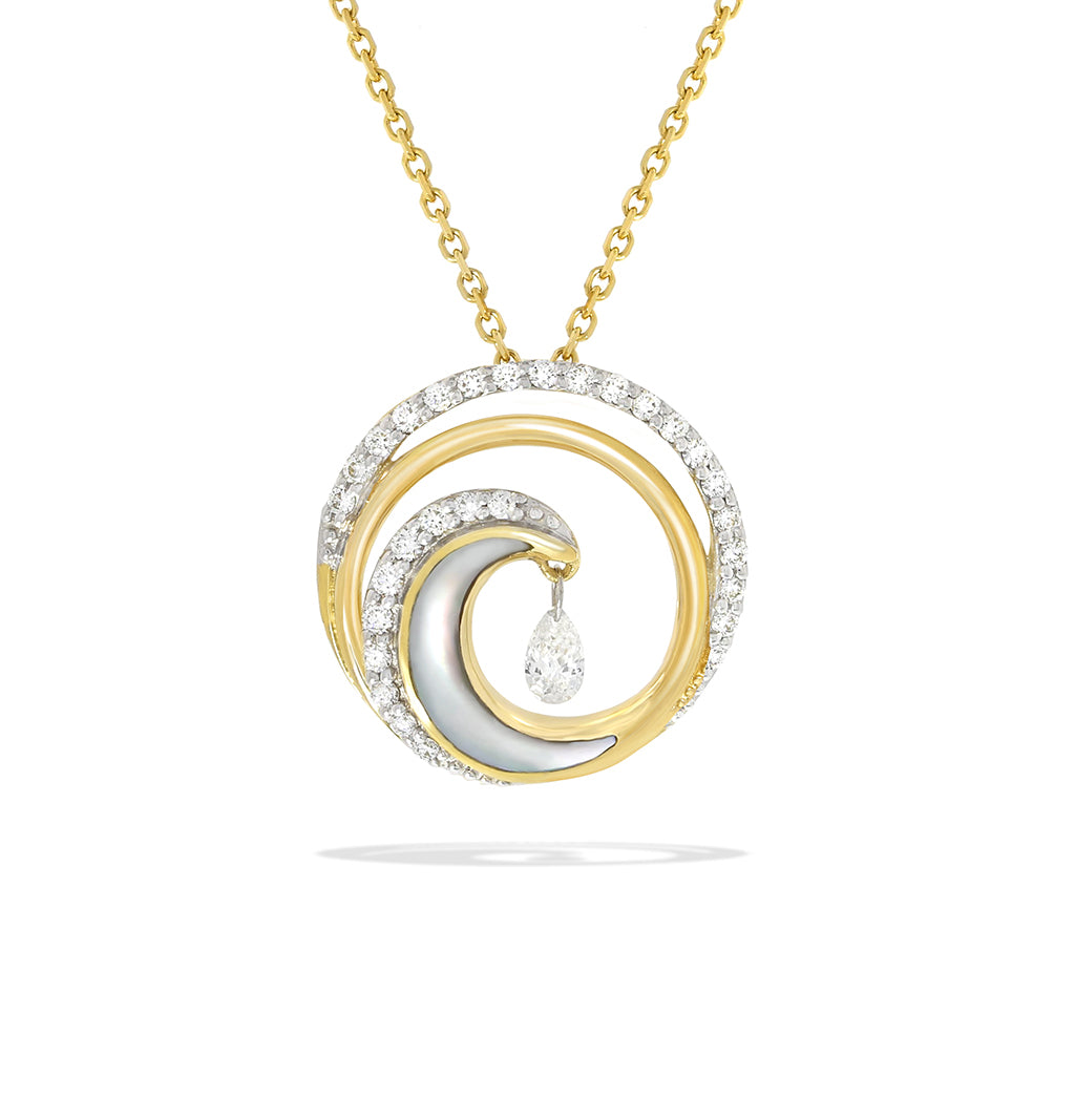 Wave pendant in 14k yellow gold with diamond accents, mother-of-pearl detail, and pear-shaped shimmer diamond. Item No. 41690