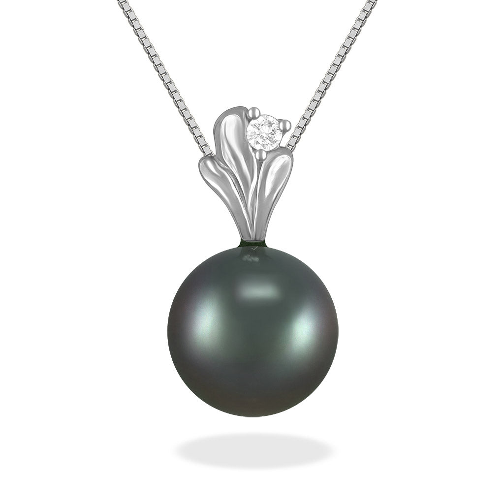 White gold splash pendant necklace with a 10mm tahitian pearl and diamond accent, on a 14k white gold chain. Item No. 41906