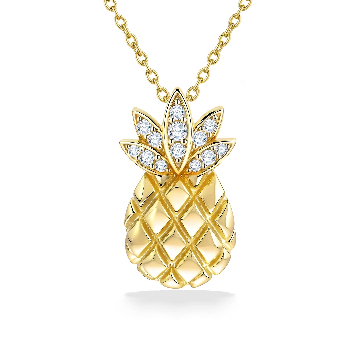 A polished pineapple pendant in yellow gold features diamond-accented leaves and a sculpted, high-shine body. Item No. 41794