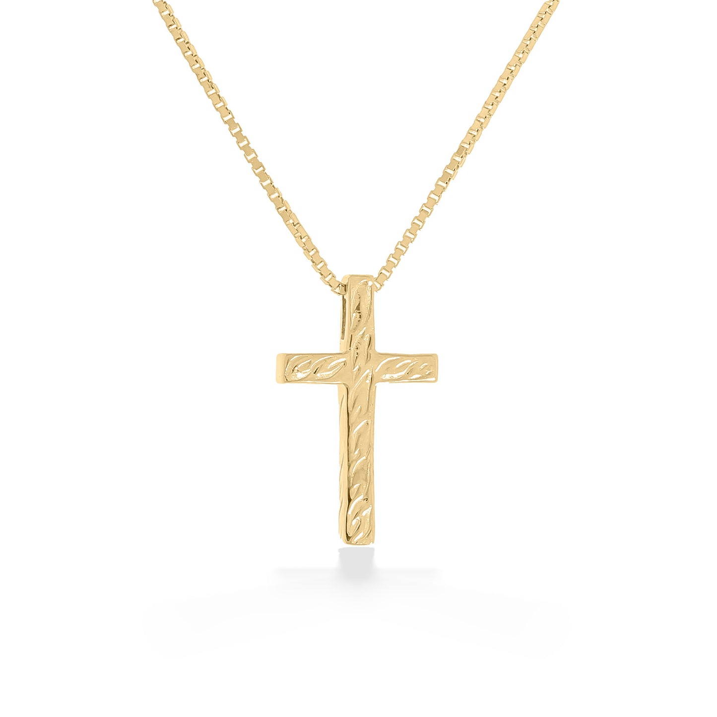 Yellow gold children’s cross pendant on chain, featuring a simple polished design with subtle engraved texture. Item No.41662