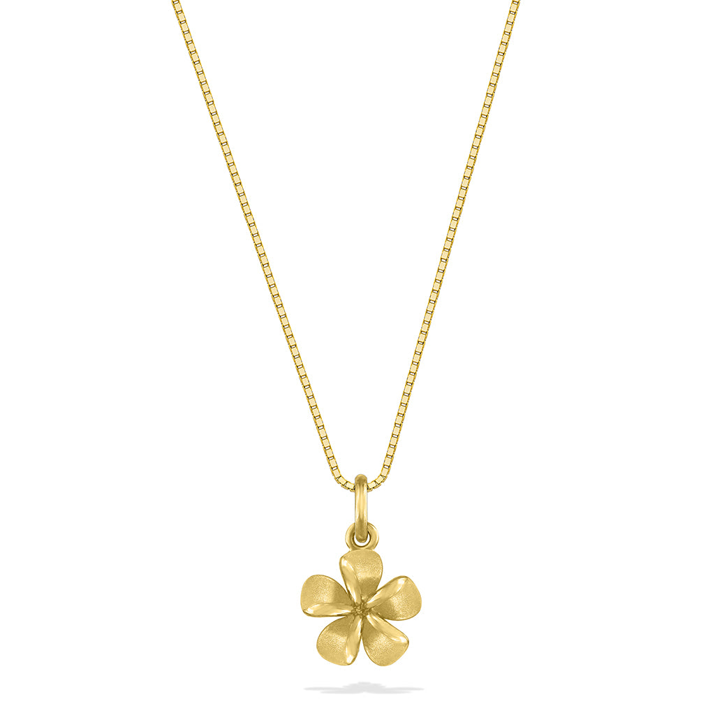 Child’s 14k yellow gold necklace with small plumeria flower pendant on a dainty & elegant chain. Item No. 41429