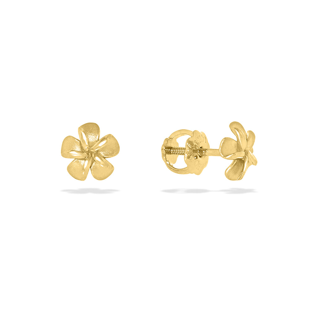 Partial view of 14k yellow gold plumeria studs for children, showing the screw-on safety backings. Item No. 41432
