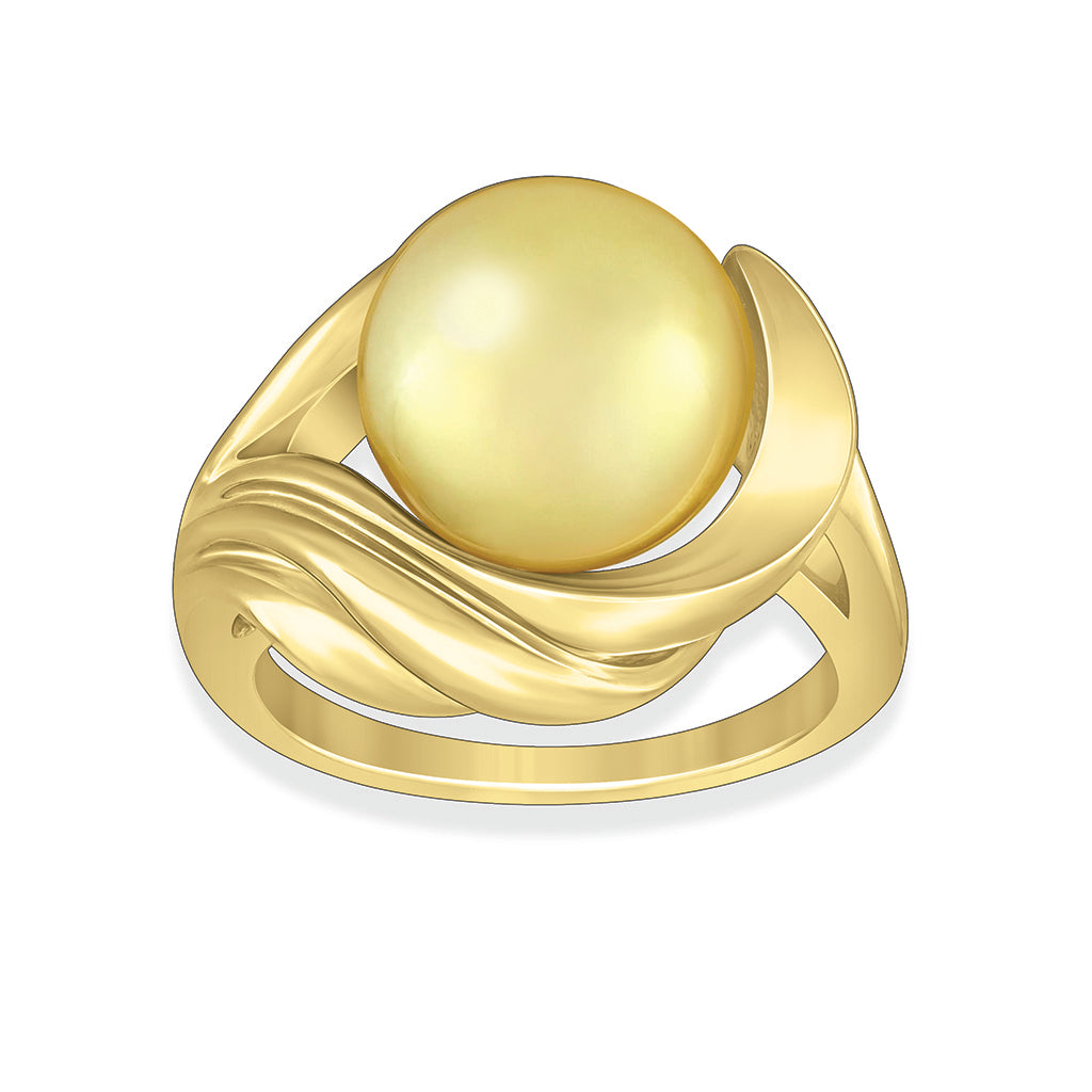 Sculpted 14K yellow gold sunset ring showcasing an 11mm Golden South Sea pearl in a bold wrap design. Item No. 41636