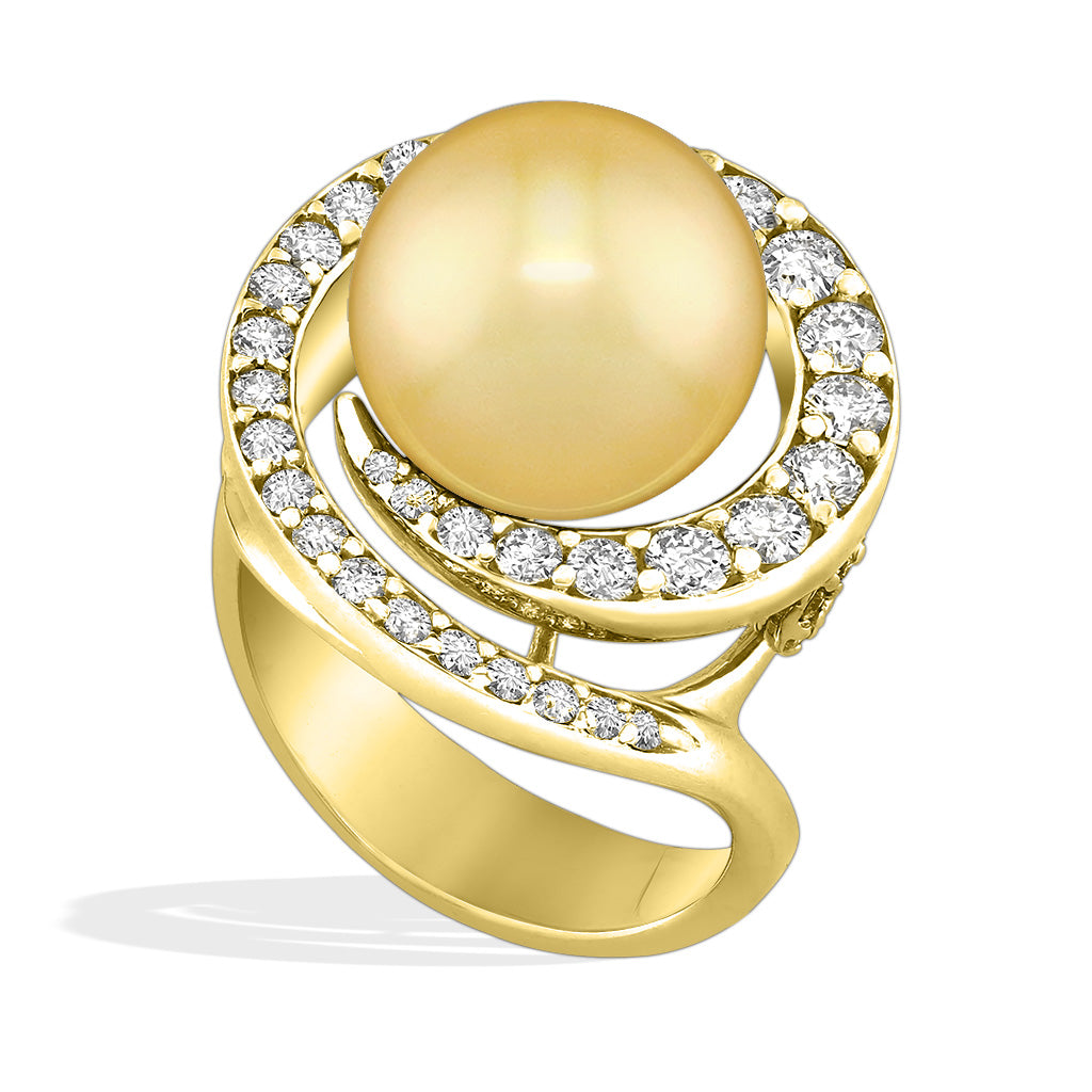 Golden South Sea 11mm Pearl encircled by a diamond-lined wave motif design, set in 14k yellow gold. Item No. 41358