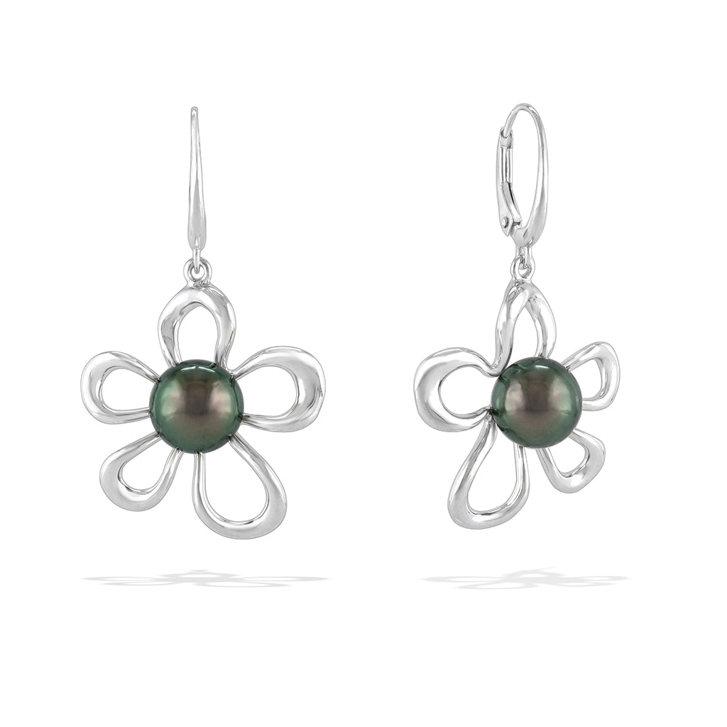 Sterling silver plumeria leverback earrings with luminous Tahitian pearl centers in floral design. Item No. 41525